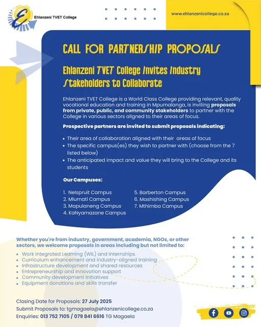 Call for Collaboration!  Ehlanzeni TVET College Invites Partnership Proposals!