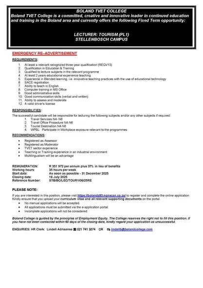 Vacancy: Tourism Lecturer (PL1) – Stellenbosch Campus | Boland TVET College