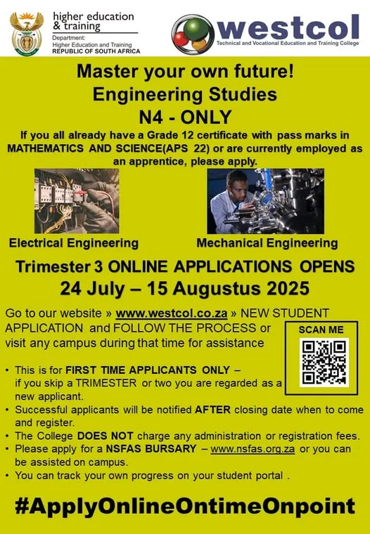 Westcol TVET College: Trimester 3 Applications for Engineering Studies N4 Now Open