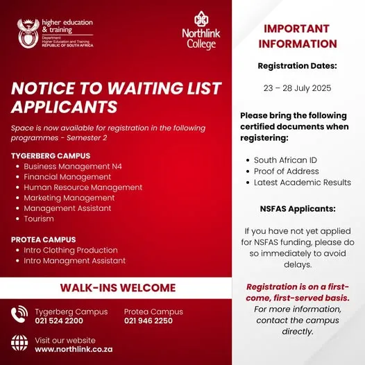 Northlink College: Registration Open for Waiting List Applicants (Semester 2 – 2025)