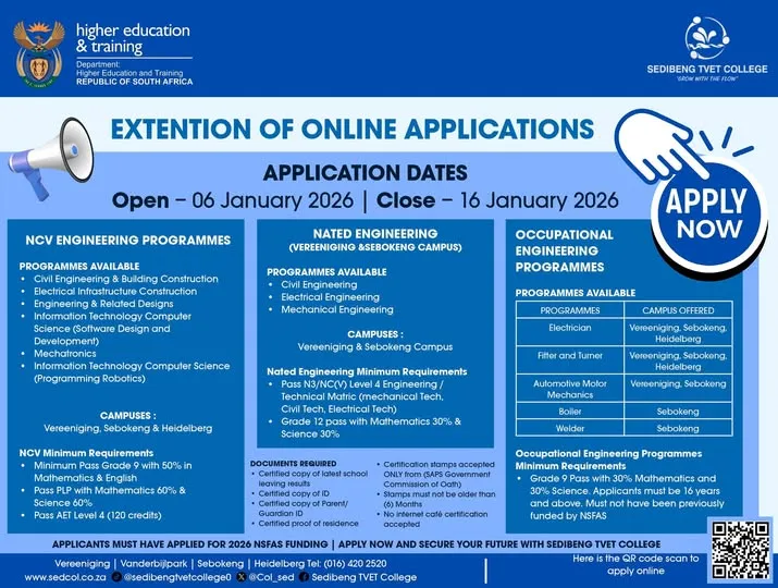 Sedibeng TVET College Extends Online Applications for 2026