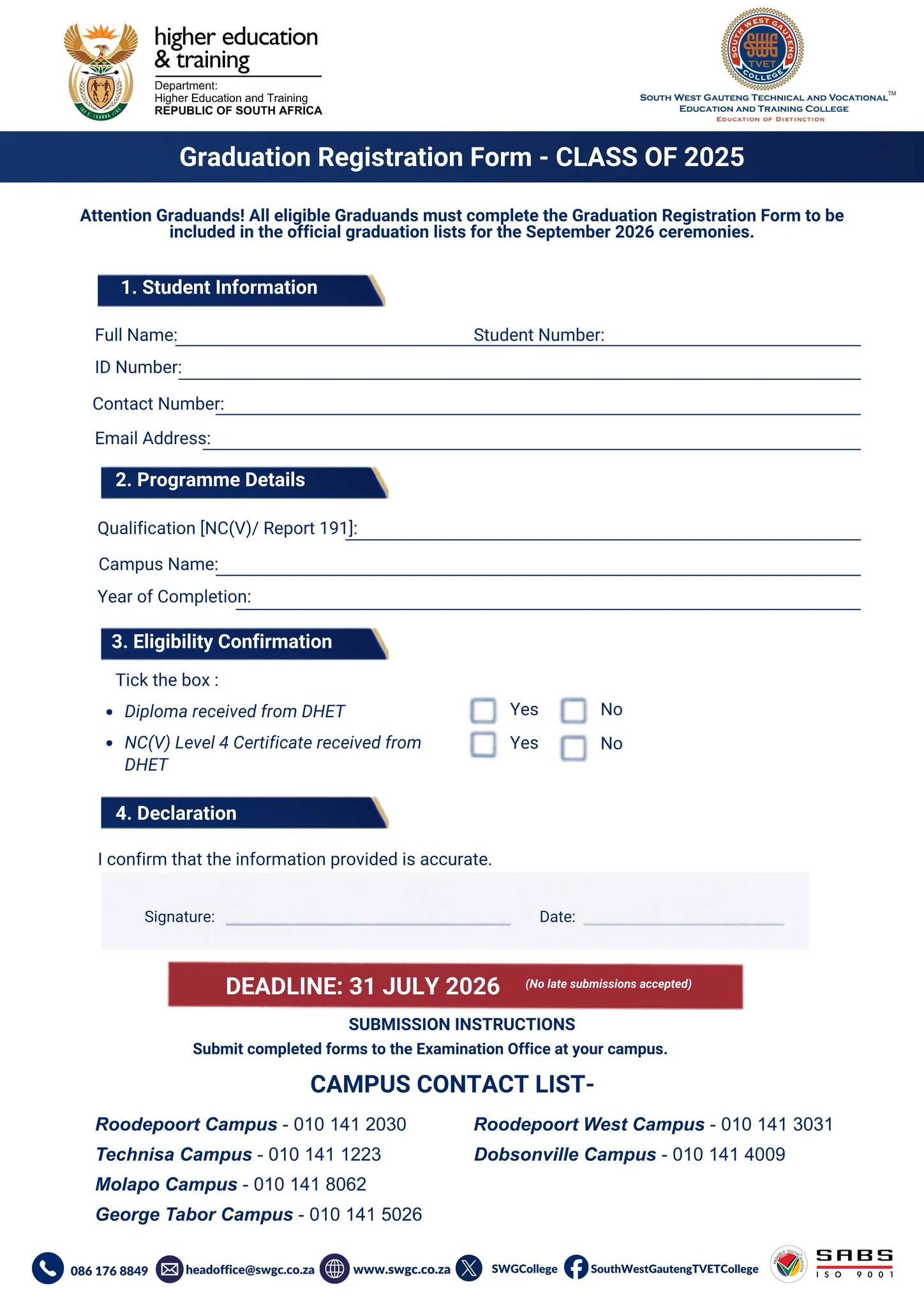South West Gauteng TVET College 2026 Graduation Registration Notice